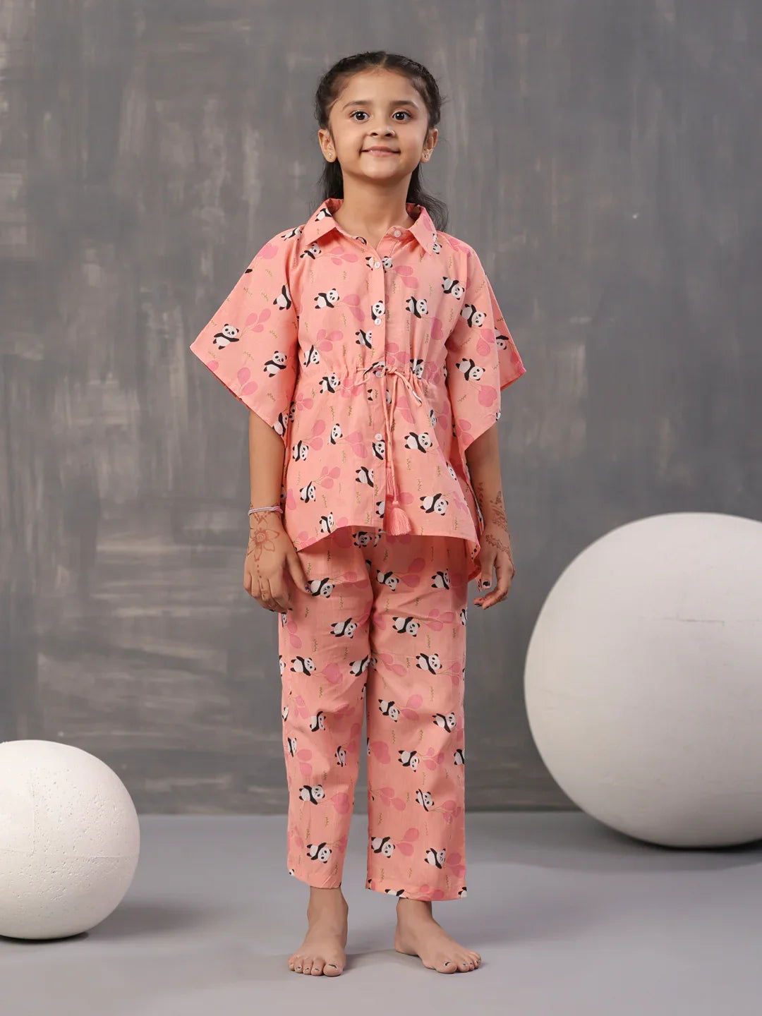 Floral Panda Printed Cotton Kids Night Suits - SanskrutiHomes 