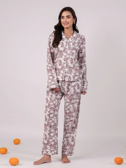 White Flower Printed Night Suit Set - SanskrutiHomes 