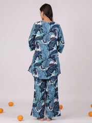 Blue Printed Cotton Night Suit Set - SanskrutiHomes 