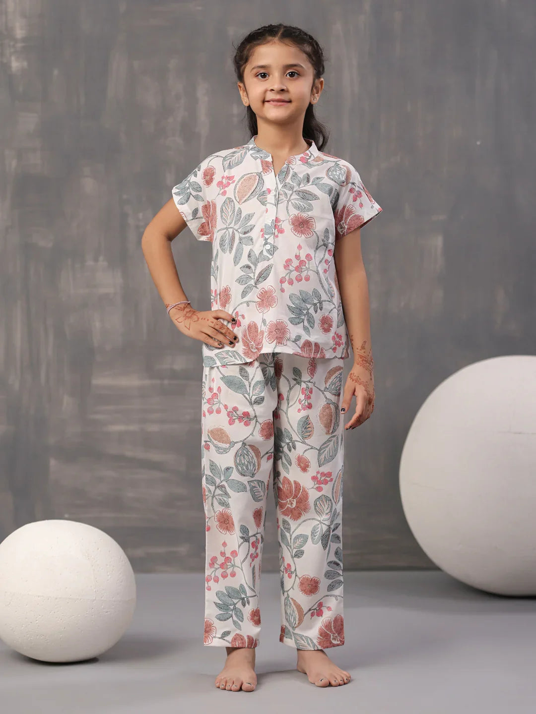 Multi Flower and Leaf Printed Cotton Kids Night Suits - SanskrutiHomes 