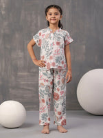Multi Flower and Leaf Printed Cotton Kids Night Suits - SanskrutiHomes 