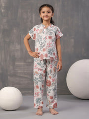 Multi Flower and Leaf Printed Cotton Kids Night Suits - SanskrutiHomes 