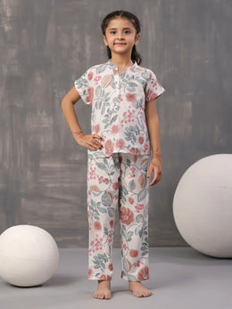 Multi Flower and Leaf Printed Cotton Kids Night Suits - SanskrutiHomes 