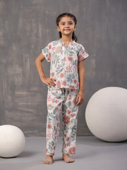Multi Flower and Leaf Printed Cotton Kids Night Suits - SanskrutiHomes 