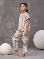 Multi Flower and Leaf Printed Cotton Kids Night Suits - SanskrutiHomes 