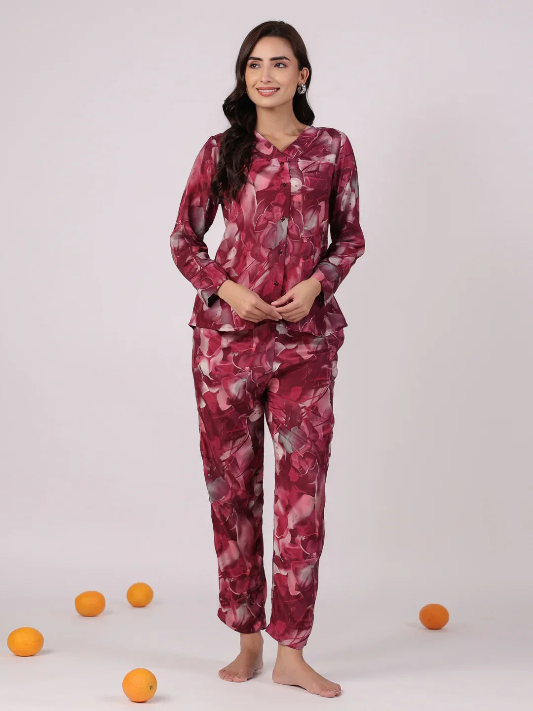 Floral Printed Megenta Color Night Suit Set - SanskrutiHomes 