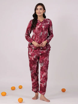 Floral Printed Megenta Color Night Suit Set - SanskrutiHomes 