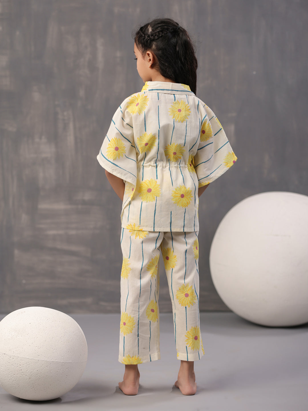 Yellow Floral Printed Cotton Night Suit for Kids - SanskrutiHomes 