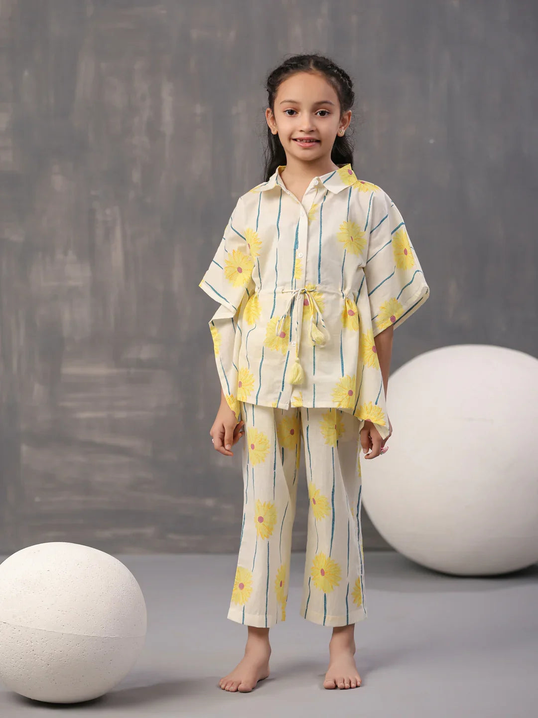 Yellow Floral Printed Cotton Night Suit for Kids - SanskrutiHomes 