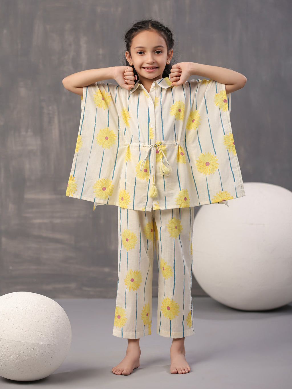 Yellow Floral Printed Cotton Night Suit for Kids - SanskrutiHomes 