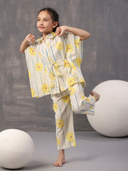 Yellow Floral Printed Cotton Night Suit for Kids - SanskrutiHomes 