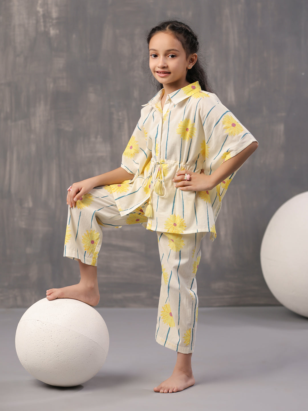 Yellow Floral Printed Cotton Night Suit for Kids - SanskrutiHomes 