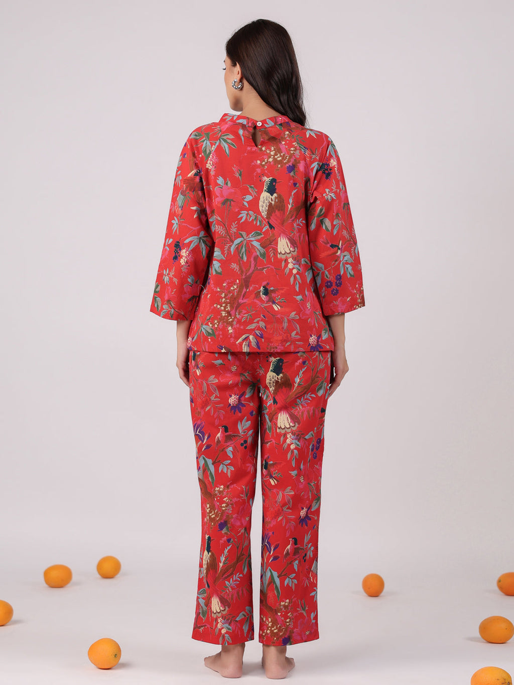Red Flower Round Neck Night Suit Set - SanskrutiHomes 