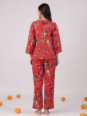 Red Flower Round Neck Night Suit Set - SanskrutiHomes 