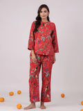 Red Flower Round Neck Night Suit Set - SanskrutiHomes 