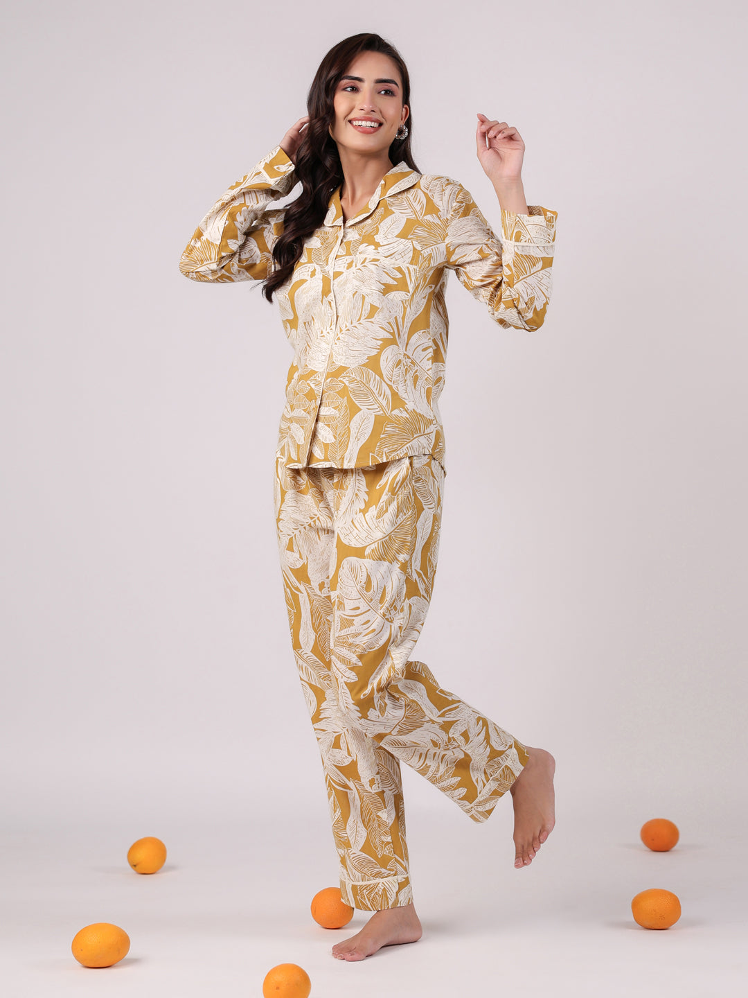 Yellow Cotton Printed Night Suit Set - SanskrutiHomes 
