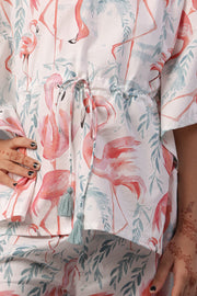 White Abstract Print Round Neck Kaftan Pure Cotton Night Suit For Kids