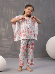 White Abstract Print Round Neck Kaftan Pure Cotton Night Suit For Kids