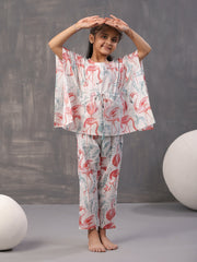 White Abstract Print Round Neck Kaftan Pure Cotton Night Suit For Kids