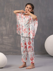 White Abstract Print Round Neck Kaftan Pure Cotton Night Suit For Kids