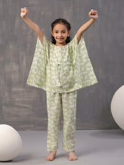Green Animal Print Round Neck Pure Cotton Night Suit For kids