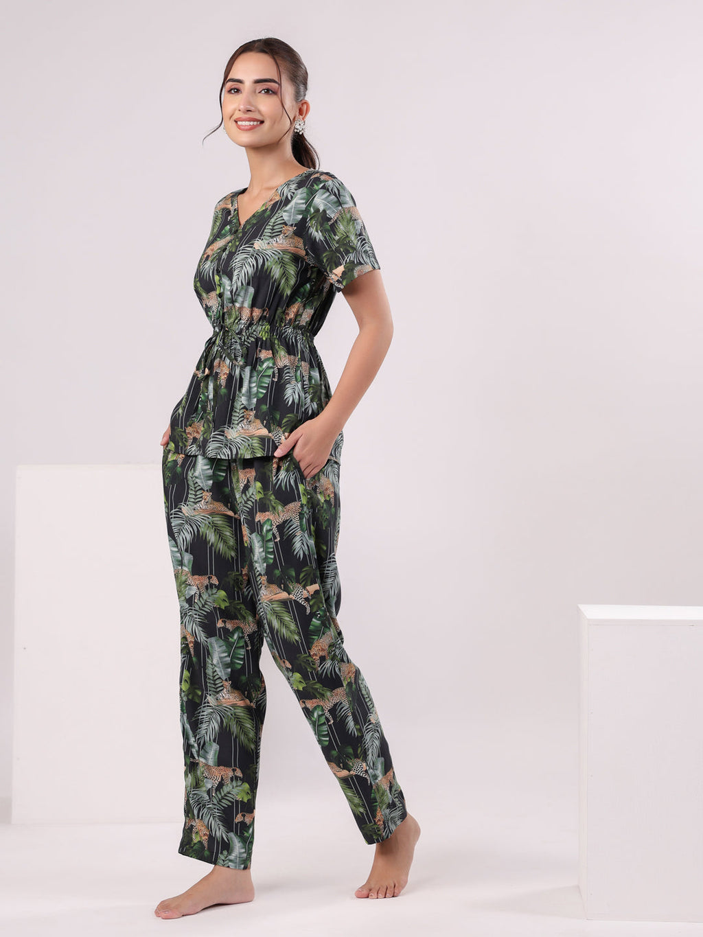 Black Flower Printed Night Suit Set - SanskrutiHomes 