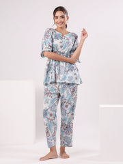 Blue Printed Kaftan Night Suit Set for Women - SanskrutiHomes 