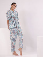 Blue Printed Kaftan Night Suit Set for Women - SanskrutiHomes 