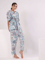 Blue Printed Kaftan Night Suit Set for Women - SanskrutiHomes 