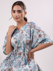 Blue Printed Kaftan Night Suit Set for Women - SanskrutiHomes 