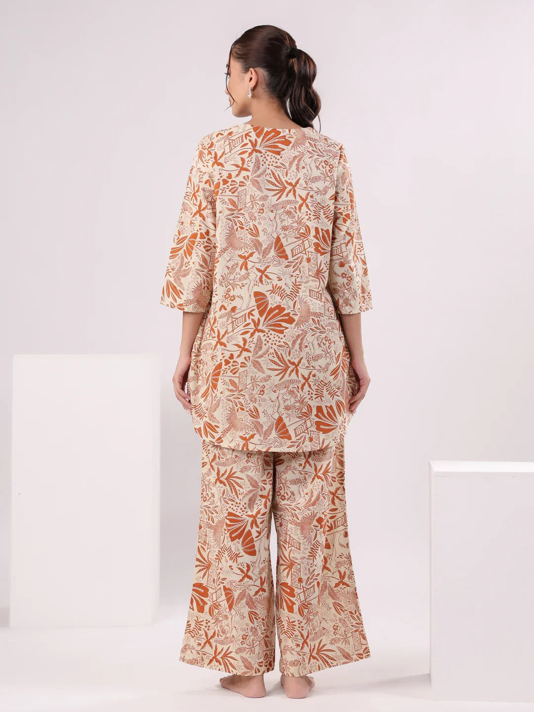 Orange Printed Cotton Night Suit Set for Women - SanskrutiHomes 