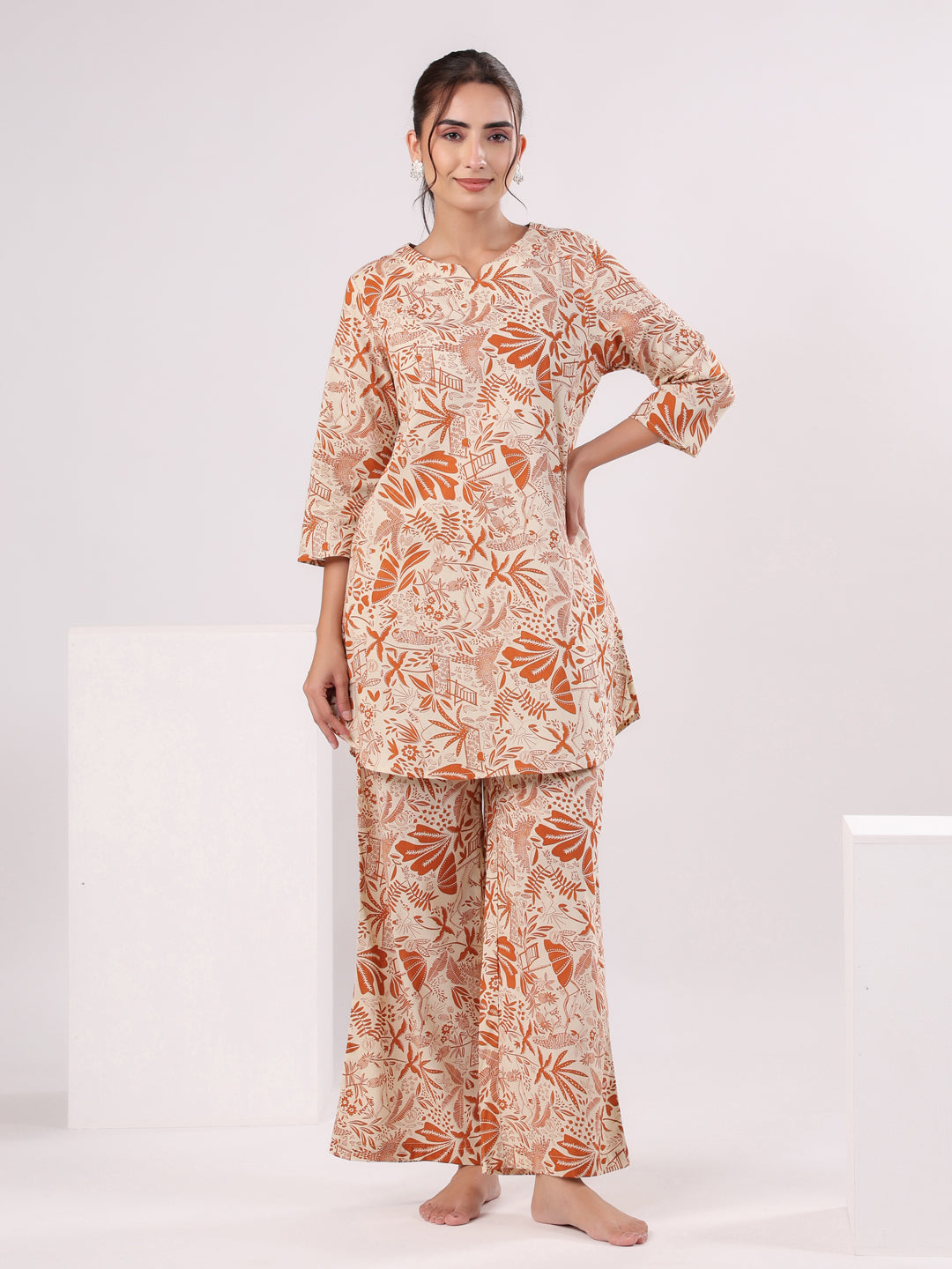 Orange Printed Cotton Night Suit Set For Women