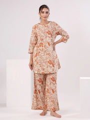 Orange Printed Cotton Night Suit Set for Women - SanskrutiHomes 