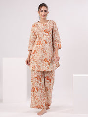 Orange Printed Cotton Night Suit Set For Women