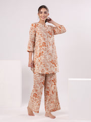 Orange Printed Cotton Night Suit Set For Women
