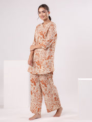 Orange Printed Cotton Night Suit Set For Women