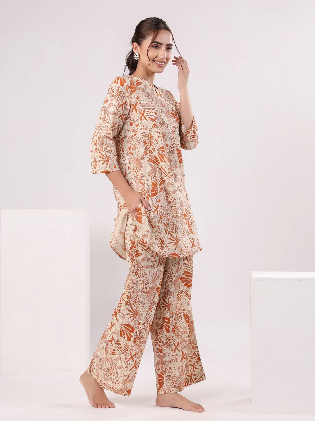 Orange Printed Cotton Night Suit Set for Women - SanskrutiHomes 