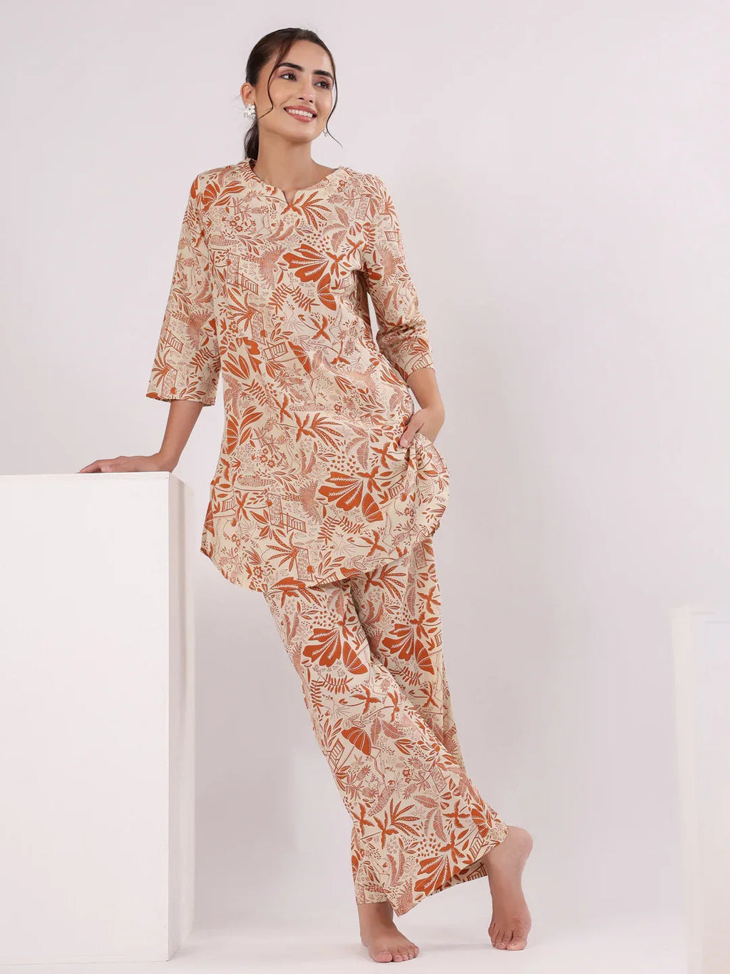 Orange Printed Cotton Night Suit Set for Women - SanskrutiHomes 