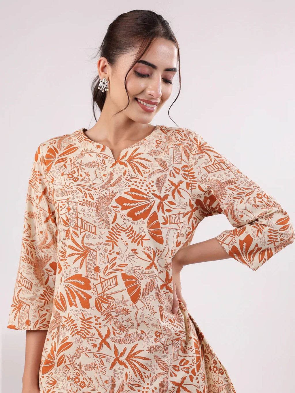 Orange Printed Cotton Night Suit Set for Women - SanskrutiHomes 