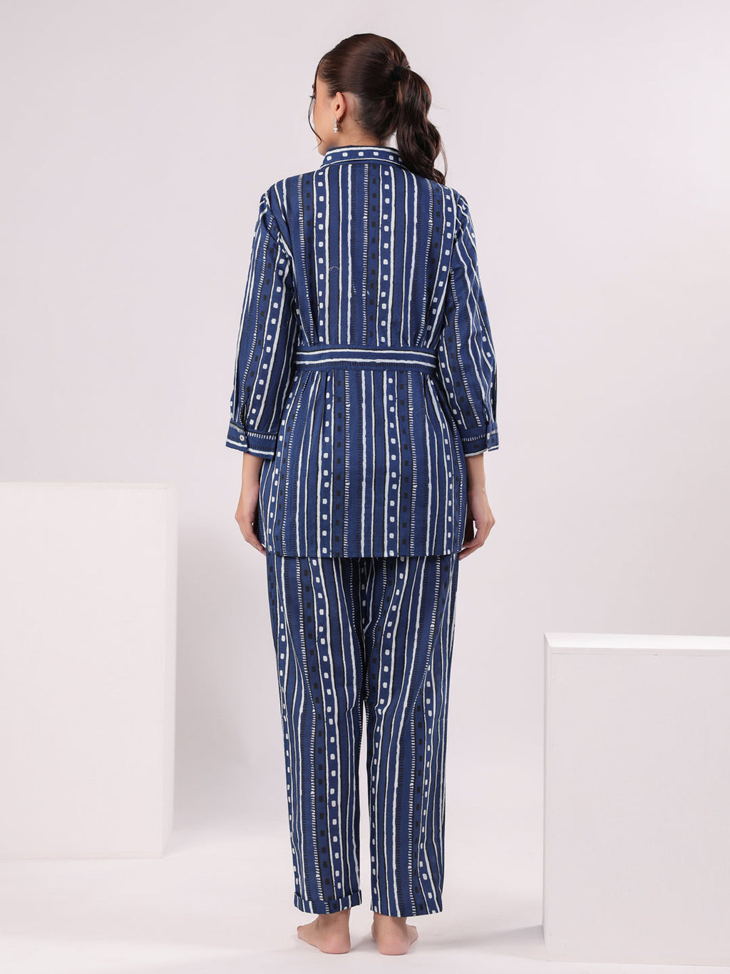 Blue Strait Line Printed Night Suit - SanskrutiHomes 