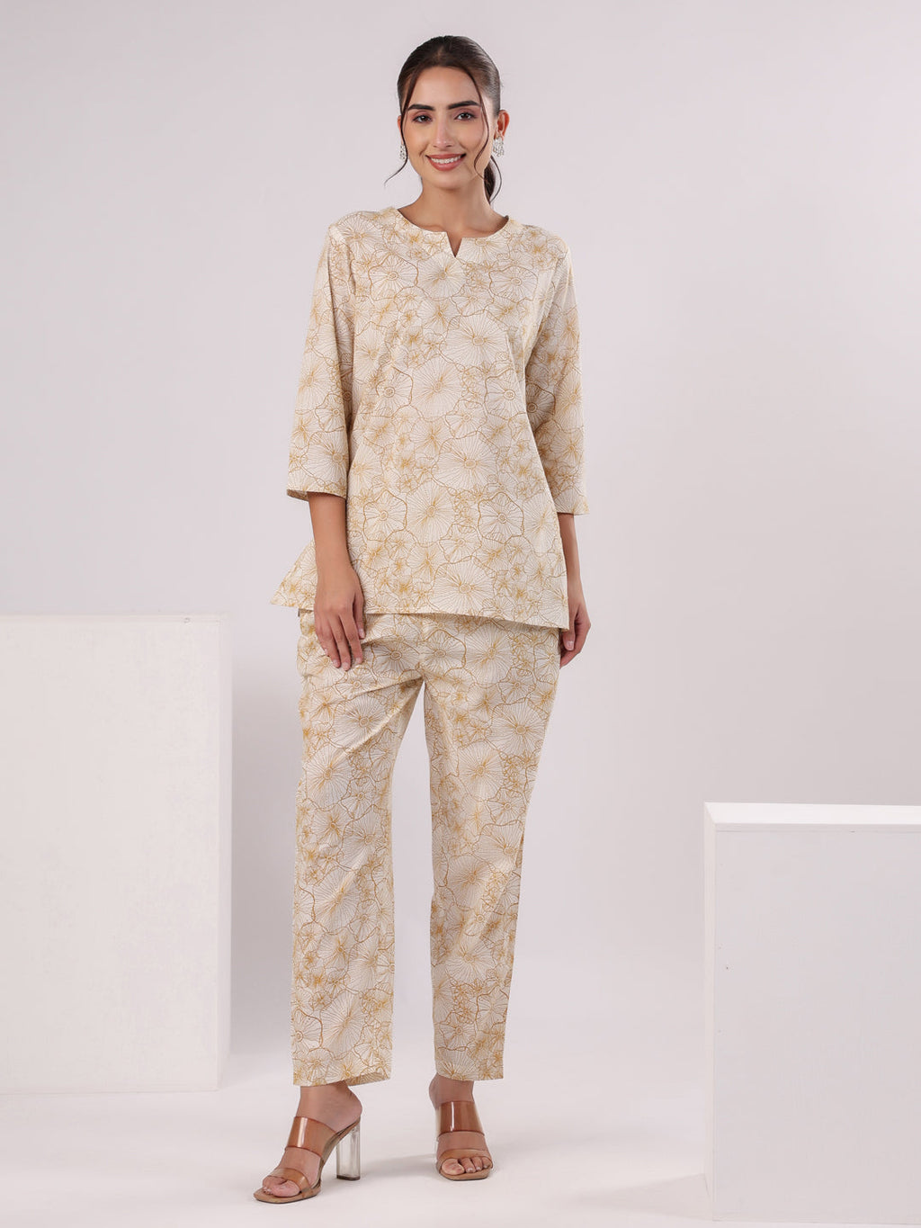 Brown Flower Printed Night Suit Set - SanskrutiHomes 