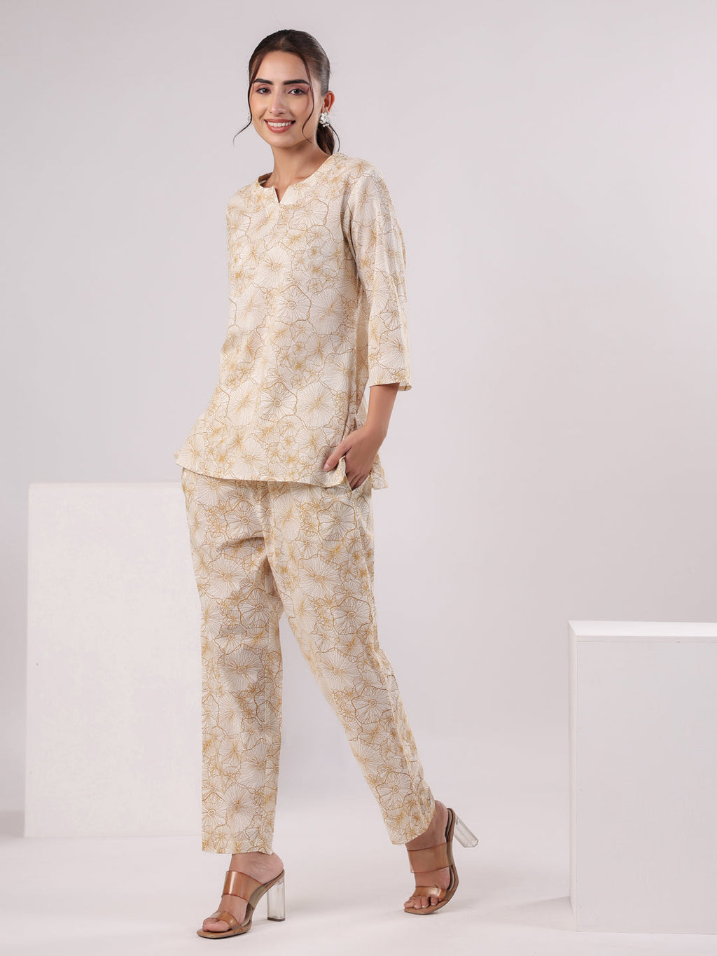 Brown Flower Printed Night Suit Set - SanskrutiHomes 