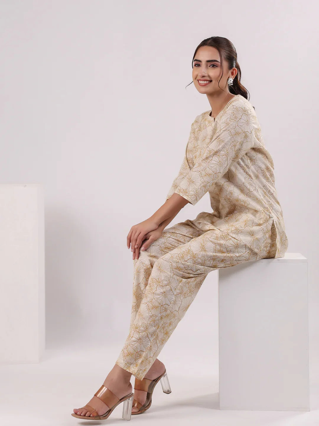 Brown Flower Printed Night Suit Set - SanskrutiHomes 