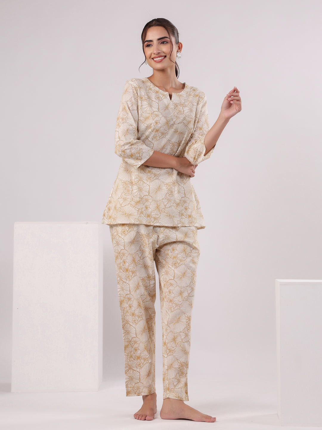 Brown Flower Printed Night Suit Set