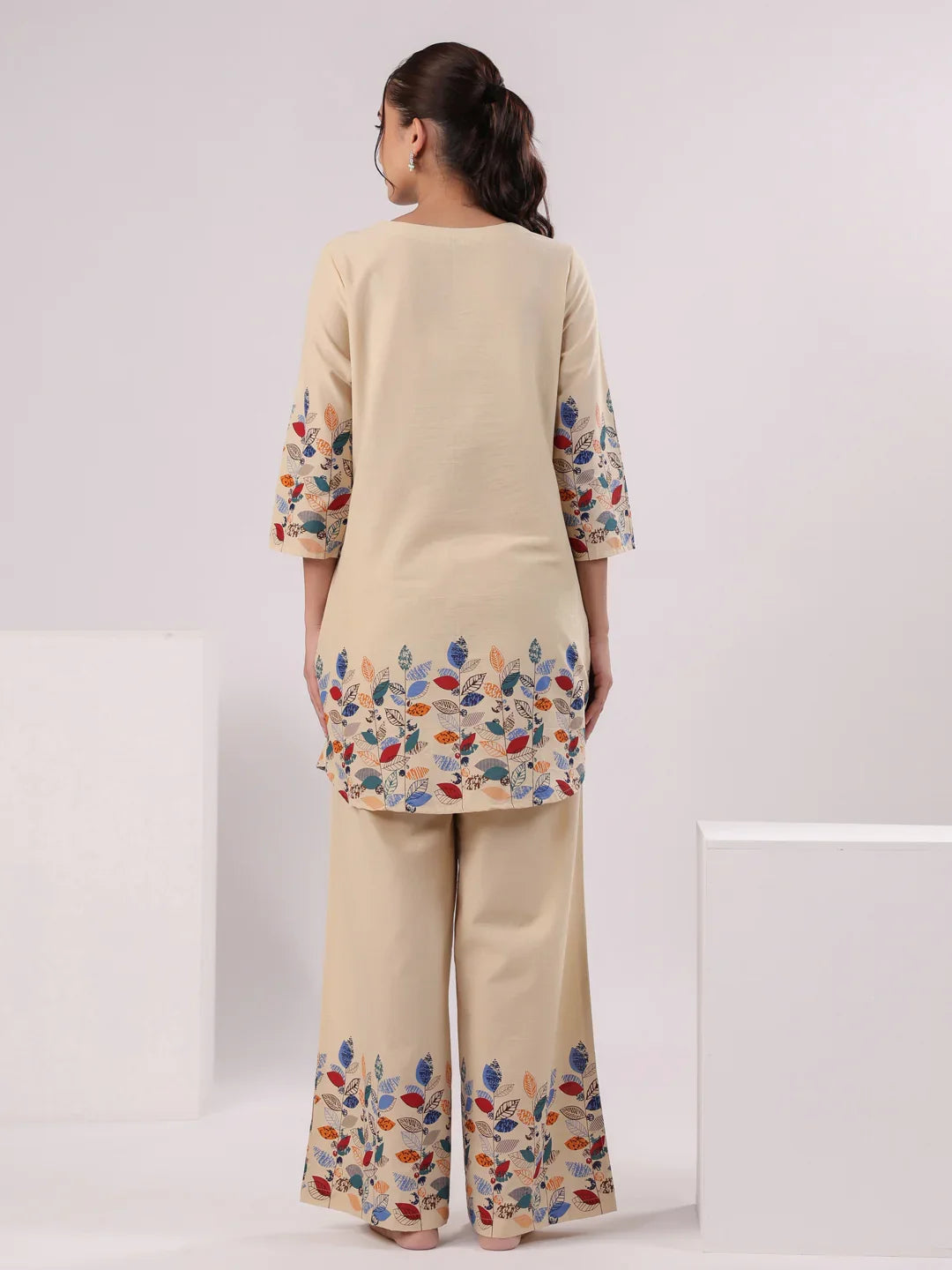 Multicolor Leaf Printed Night Suit Set - SanskrutiHomes 