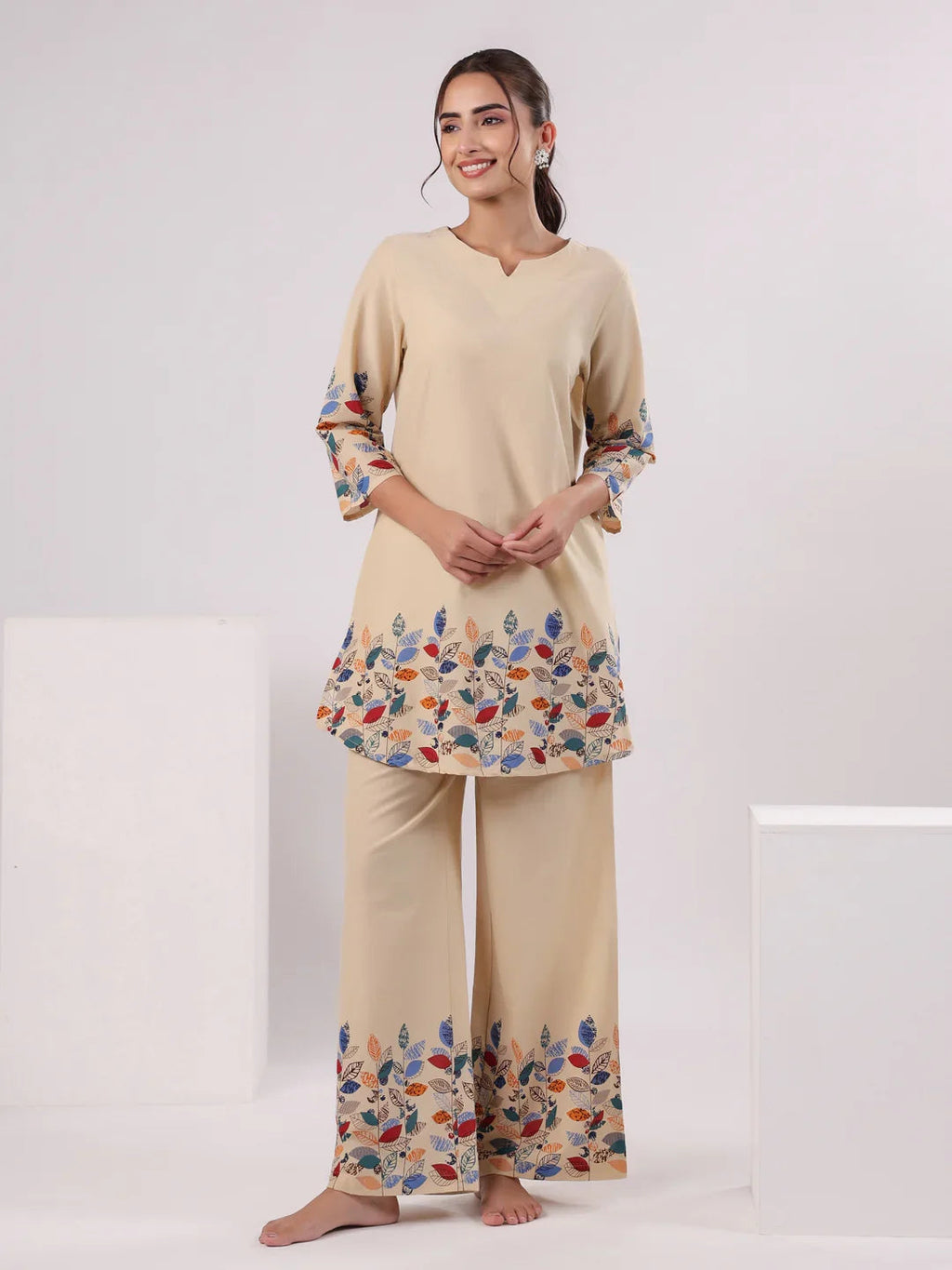 Multicolor Leaf Printed Night Suit Set - SanskrutiHomes 