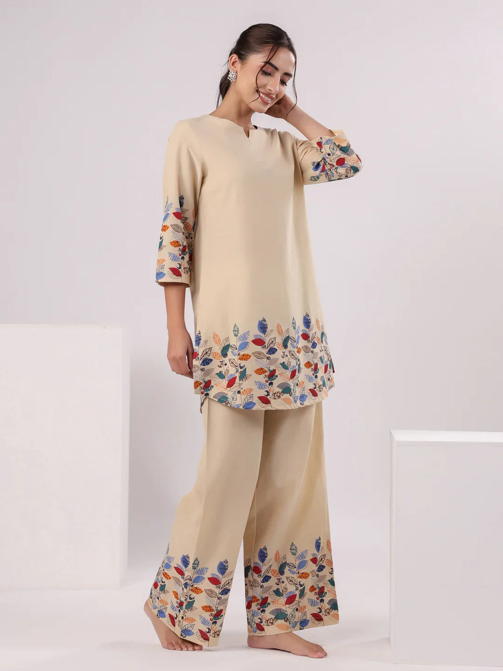 Multicolor Leaf Printed Night Suit Set - SanskrutiHomes 