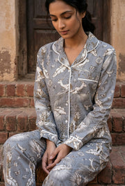 Grey Animal Print Lapel Collar Cotton Night Suit For Women