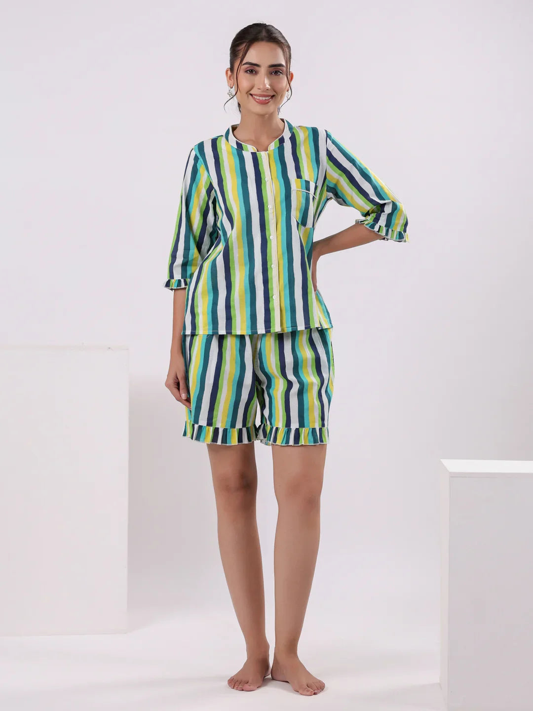 Multicolor Striped Printed Night Suit Set - SanskrutiHomes 