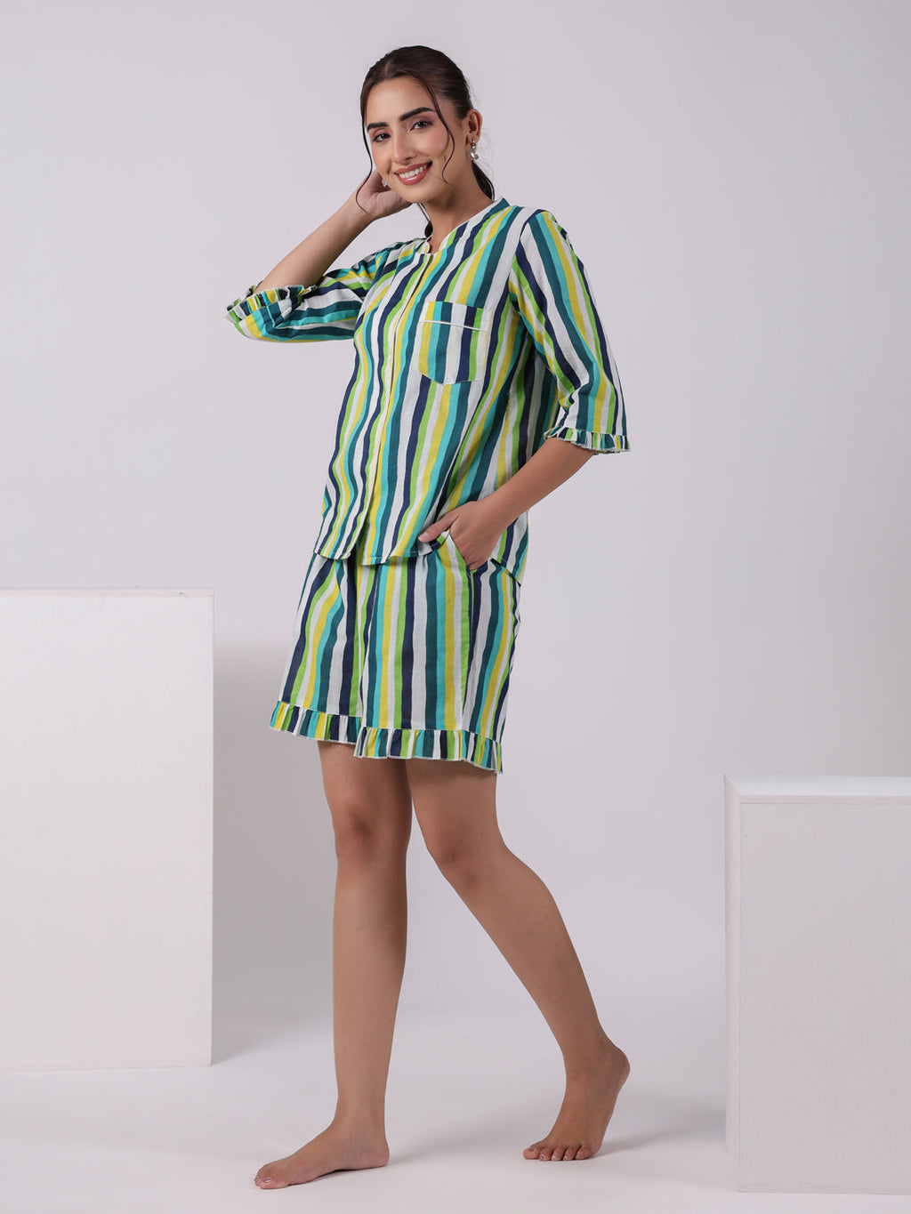 Multicolor Striped Printed Night Suit Set - SanskrutiHomes 